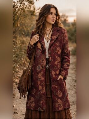CAbi Jacquard Floral Coat in Rust and Gold Size 12 EUC